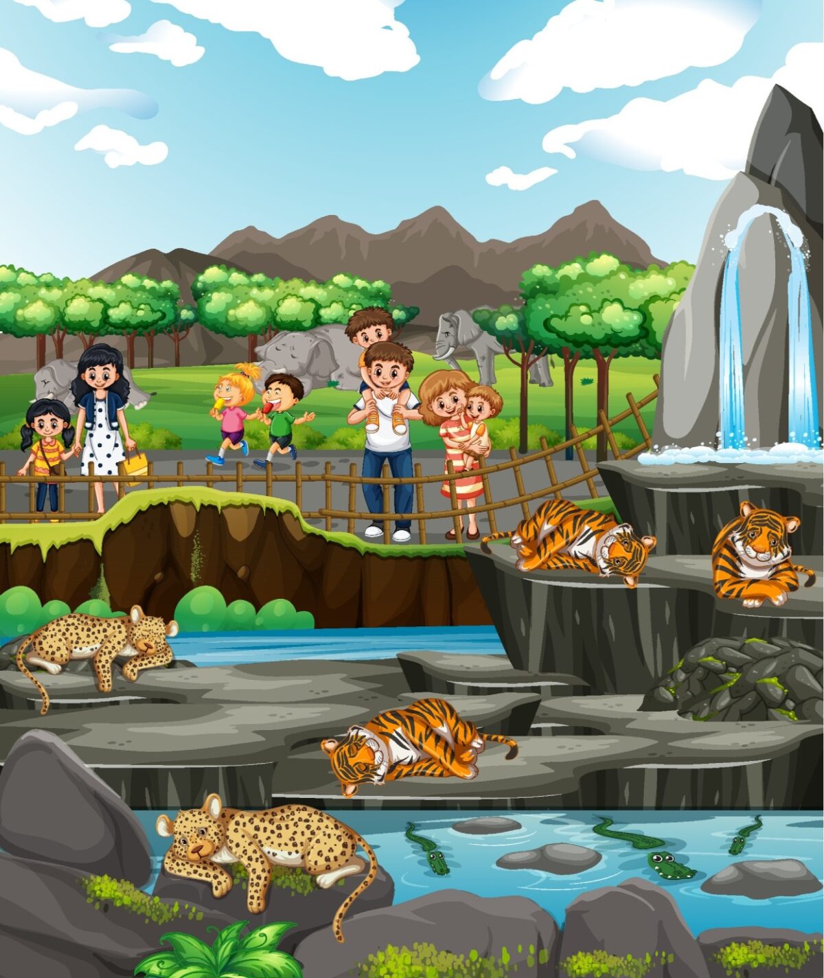 Illustration of family and children in safari zoo